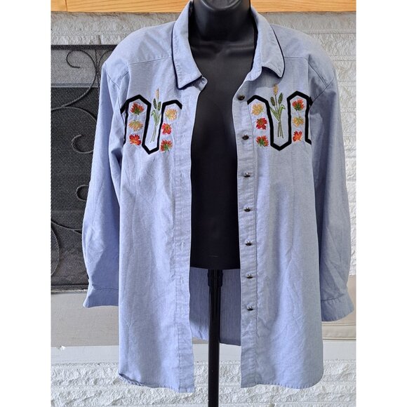 vintage Tops - VTG Fall Cornstalk Fall Harvest 3D Blue Chambray Long Sleeve Shirt Women's 16